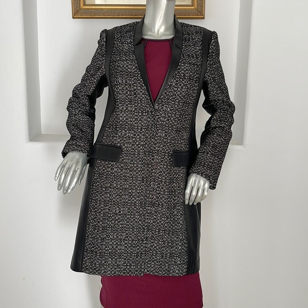 Nanette Lepore Bergdorf Goodman Leather Tweed Coat Black White Size 12 NWT